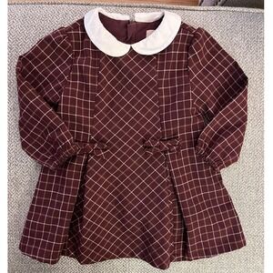 Chickeeduck Preppy Redwood‎ plaid and white Peter Pan collar bow detail Dress 3T